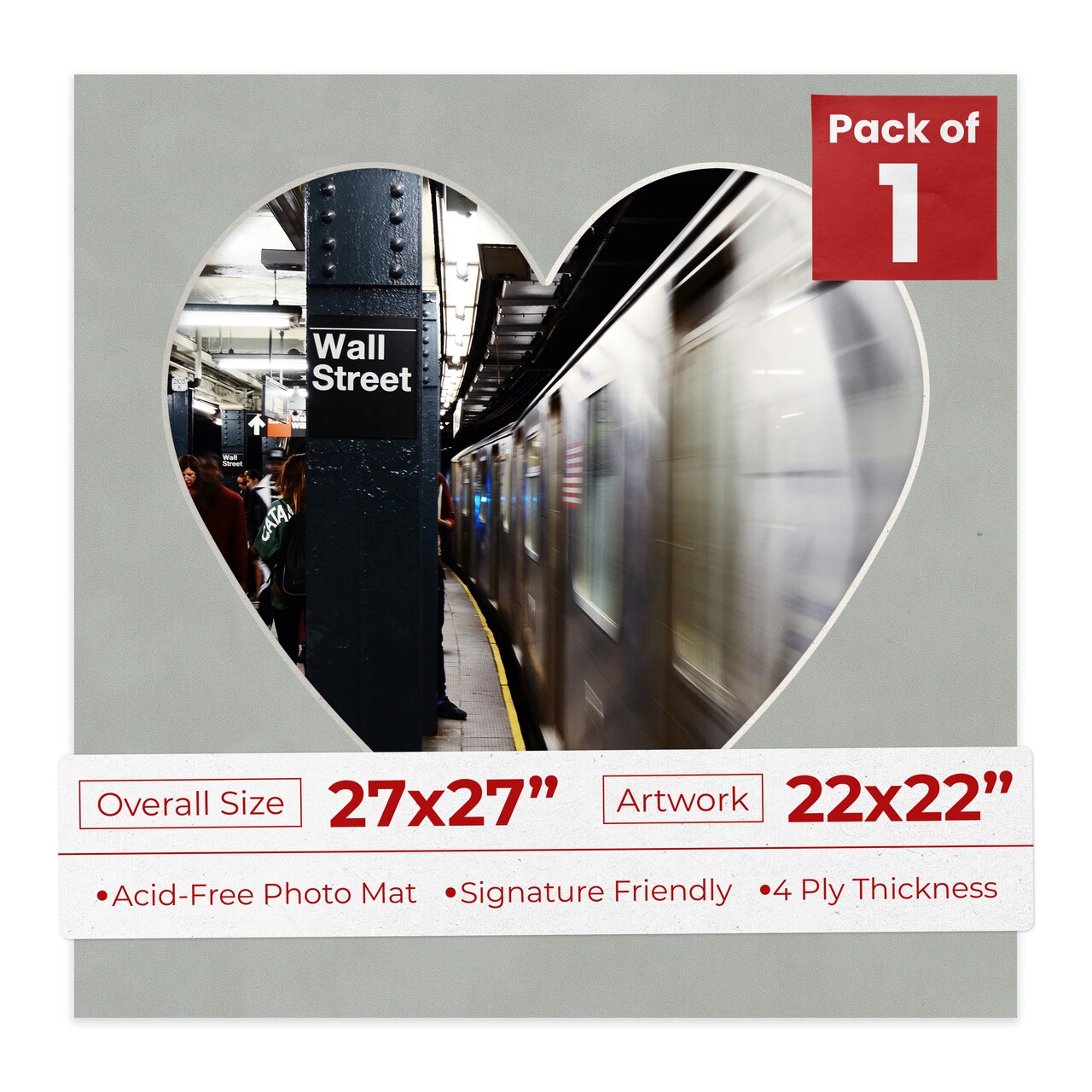 Light Grey Suede Mat Board for 27x27 Frames - Heart Opening for 22x22 Photos